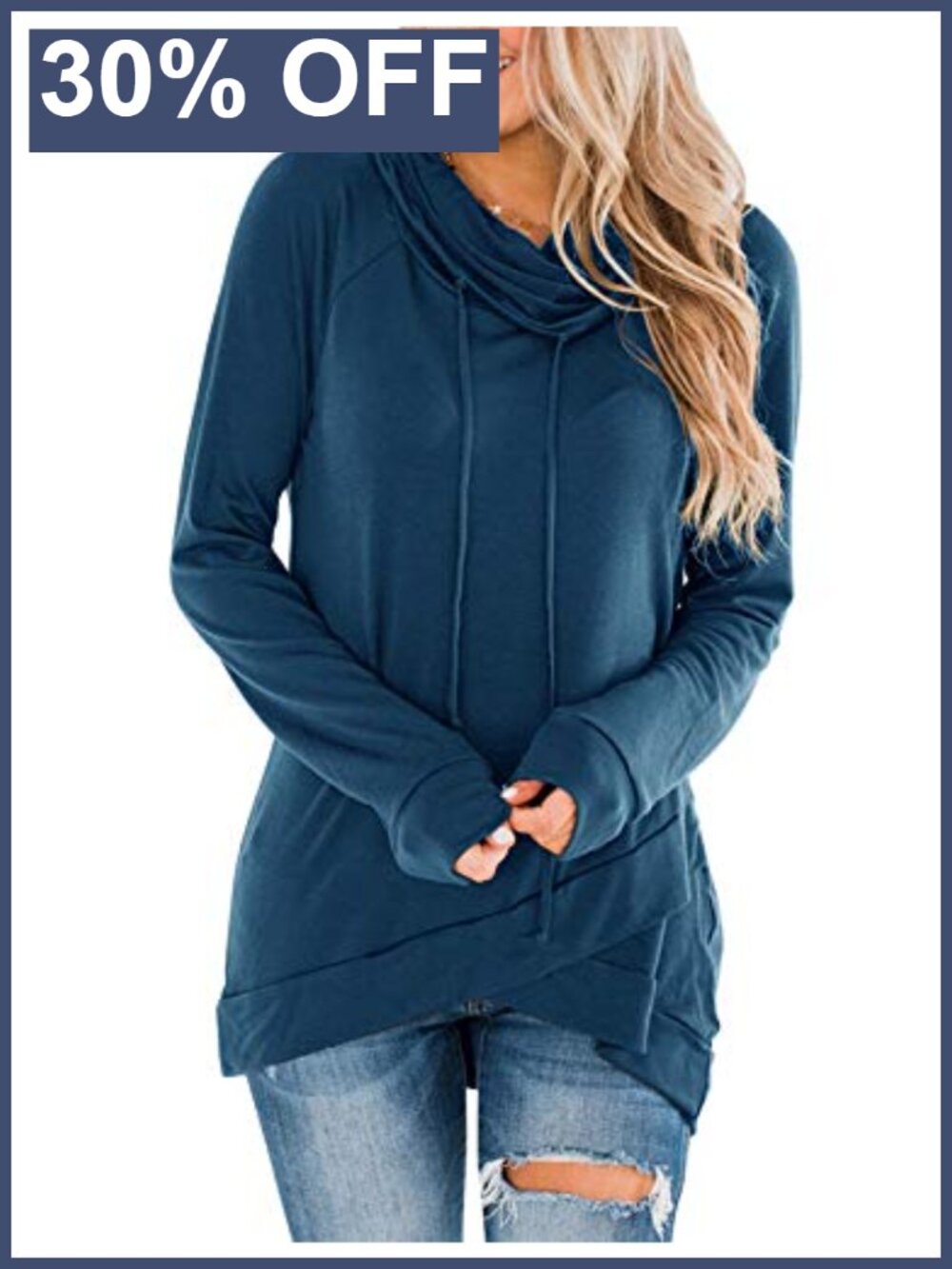 Cowl Neck Tunic Sweatshirt Long Sleeve Pullover Drawstring Cotton Blend